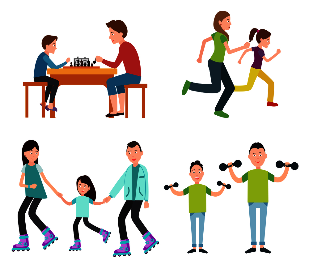 Set of family pictures, vector illustration isolated on white background, mother running with daughter, father playing chess with son, sport activity. Set of Family Pictures Color Vector Illustration