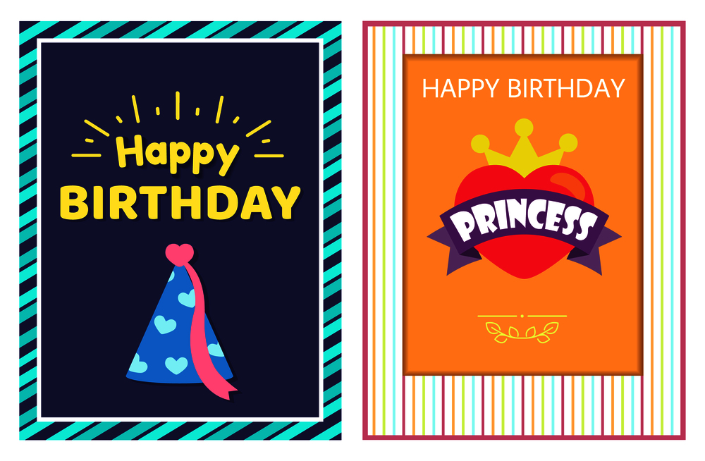 Happy birthday princess cards vector illustration with striped multicolored frames, festive cone with pink ribbon and hearts, bright golden crown. Happy Birthday Princess Cards Vector Illustration