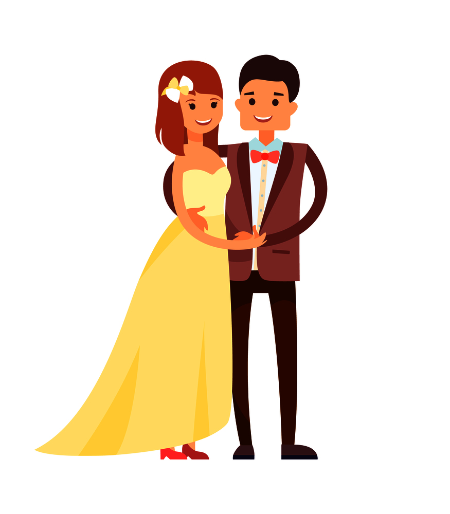 Happy newlyweds in cute suits vector illustration of woman in yellow dress and pink shoes and man in brown costume with pretty bow tie and white shirt. Happy Newlyweds in Cute Suits Vector Illustration