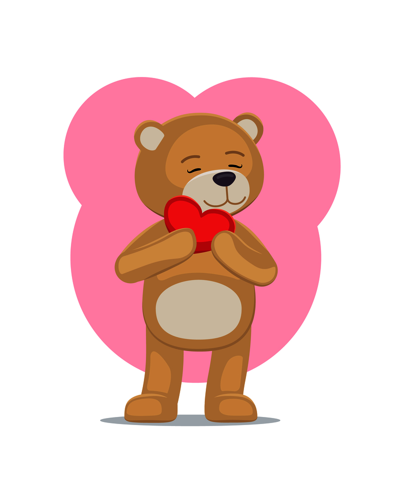 Adorable teddy gently holds heart at head, lovely bear animal with red balloon or pillow, vector illustration greeting card design on Valentines day. Adorable Teddy Gently Holds Heart Head Lovely Bear