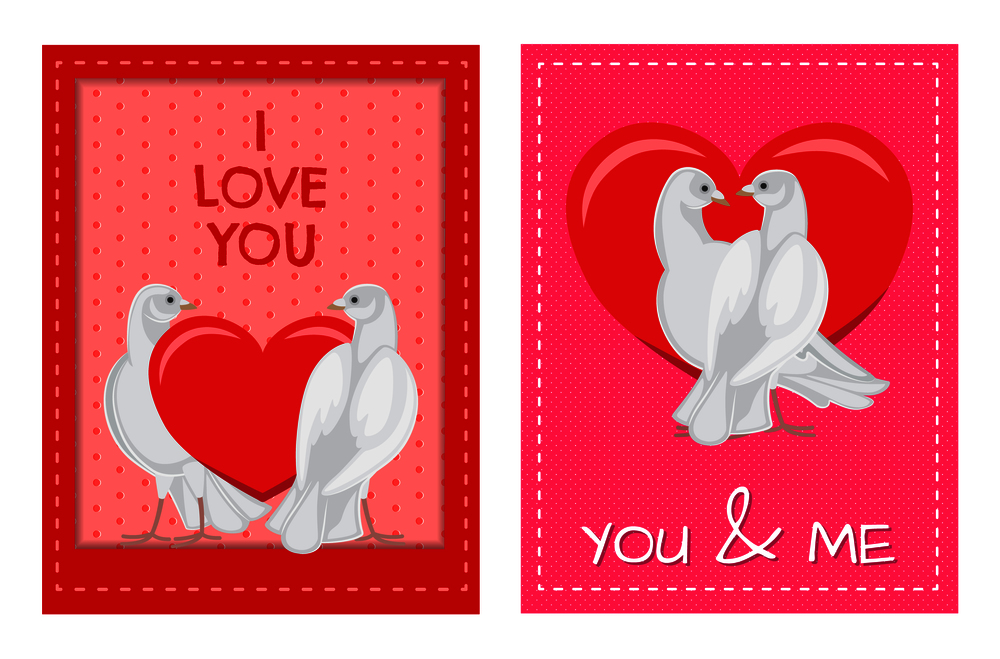 Gorgeous white doves couples in love with big red heart between or behind them isolated cartoon flat vector illustrations set for Valentines day.. White Doves Couples with Heart Illustrations Set