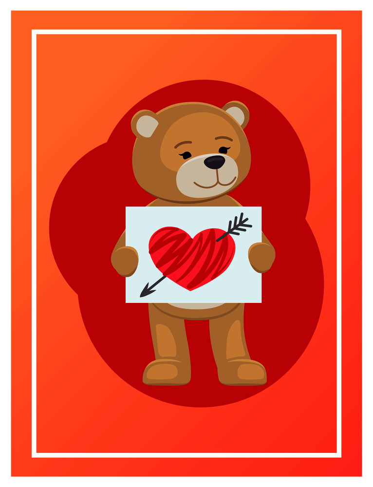 Stuffed teddy with sheet of paper and hand drawn broken heart with arrow in it, vector illustration of cute male bear isolated on orange in frame. Stuffed Teddy with Sheet of Paper and Broken Heart