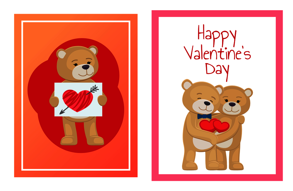 I love you and me teddy bears with heart sign vector illustration of stuffed toy animals, presents for Happy Valentines Day, cartoon posters. I Love You and Me Teddy Bears Vector