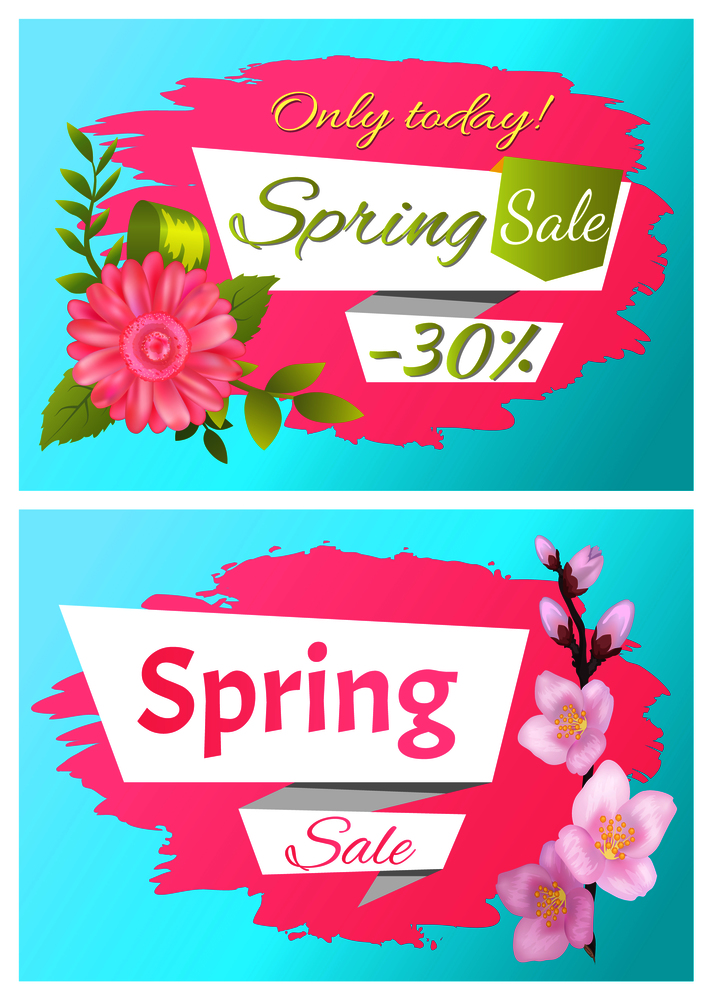 Spring sale advertisement label with branch of sakura or cherry bloomings, daisy flowers vector illustration. Pink blossoms symbol of springtime. Spring Sale Advertisement Label Branch of Sakura