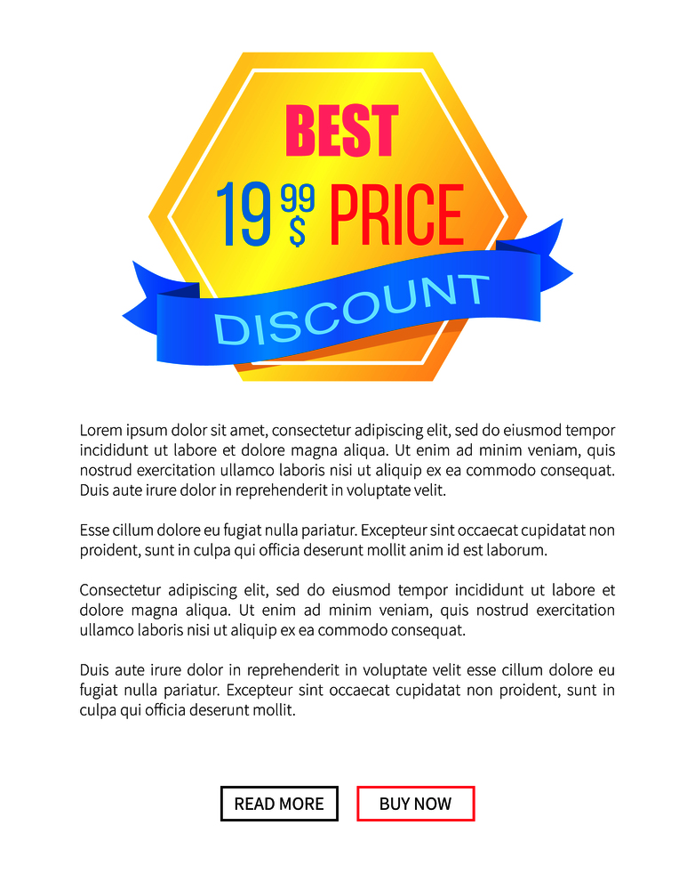 Discount 19.99 best price emblem label vector illustration promo poster online webpage push buttons read more and buy now, place for text information. Discount Best Price Emblem Label Vector Poster