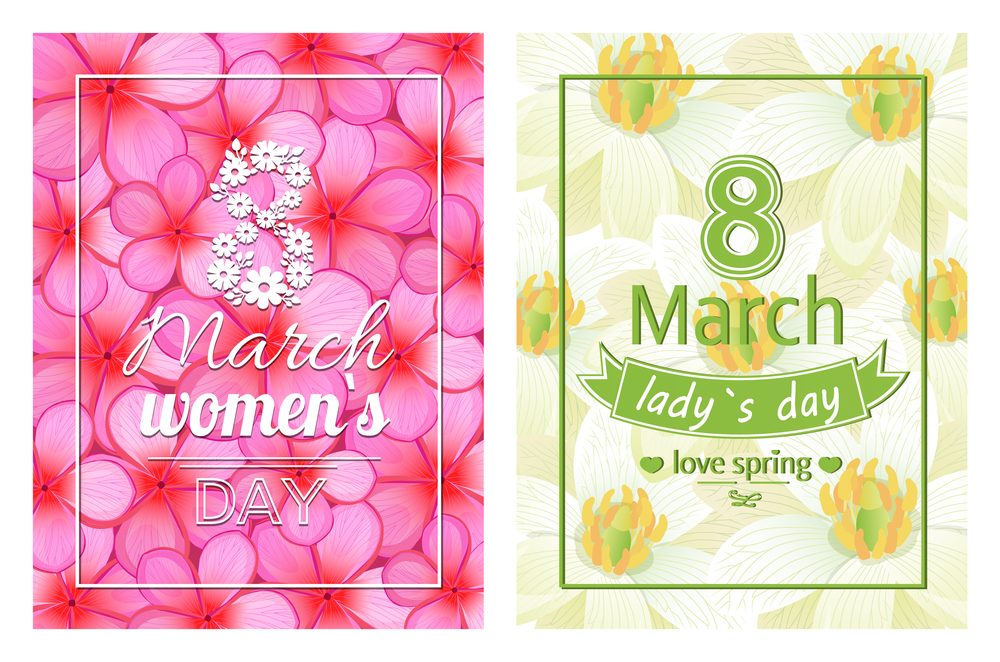 Ladies day love spring 8 March calligraphy dedicated to International holiday, decorated by heart and ribbon vector greeting card on flourish blossoms. Ladies Day Love Spring 8 March Calligraphy Print