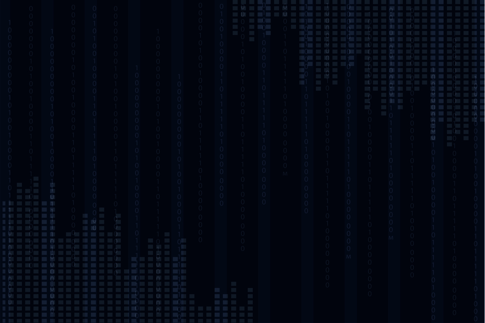Blue screen with vertical binary programing code and columns of small squares cartoon vector illustration. Computer matrix minimalistic visualization.. Blue Screen with Vertical Binary Programing Code