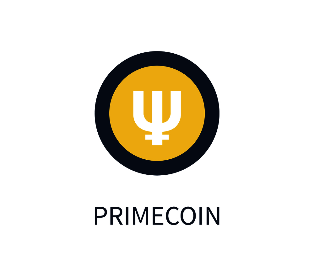 Primecoin icon, innovative cryptocurrency, form of digital currency, symbol in circle and letterings below, vector illustration isolated on white. Primecoin Cryptocurrency Icon Vector Illustration