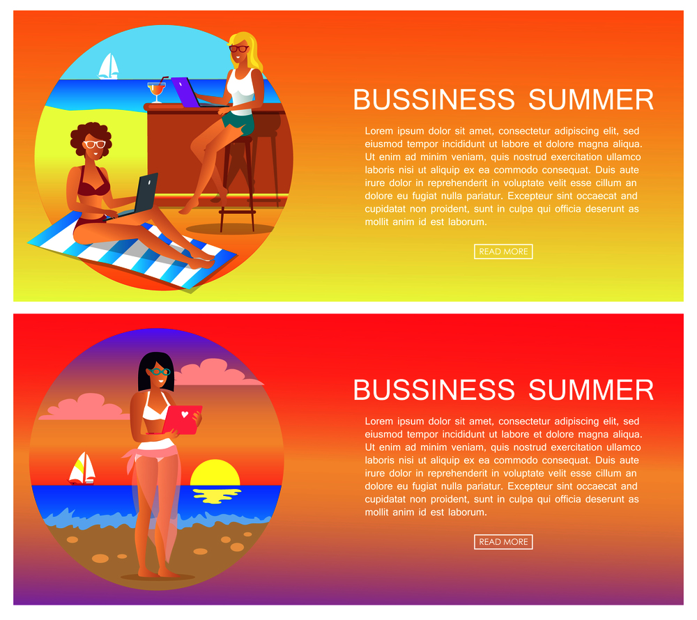 Business summer, pages collection with buttons and text sample with letterings, woman with laptop, bar and cocktail, isolated on vector illustration. Business Summer Pages Set Vector Illustration