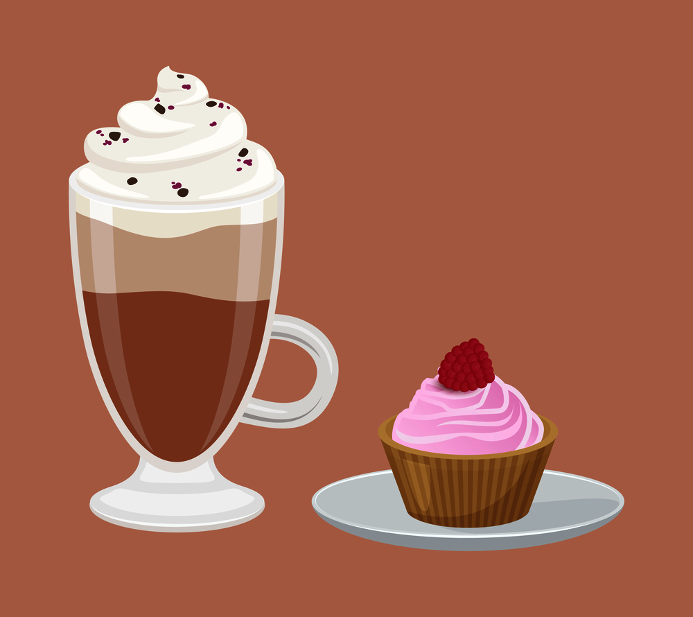 Cappuccino with lots of foam, and cupcake, made of biscuit and cream, raspberry on top as decoration, poster isolated on vector illustration. Cappuccino and Cupcake Poster Vector Illustration