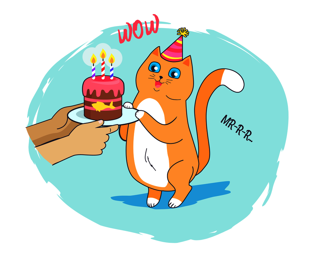 Festive card with cheerful cat with blue eyes, vector illustration of birthday kitty with cute cone with yellow bubo celebration cake with golden fish. Festive Card with Cheerful Cat Vector Illustration
