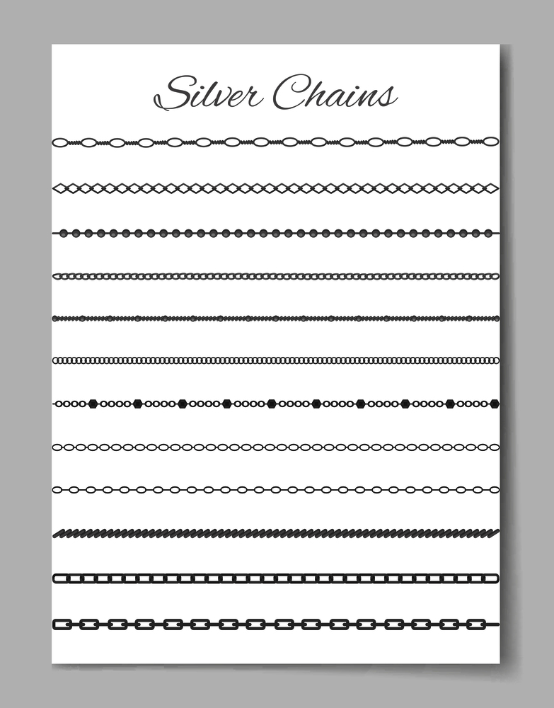 Silver chains poster with collection of jewelry, types of items, headline and presentation of connected strong objects isolated on vector illustration. Silver Chains Collection, Vector Illustration
