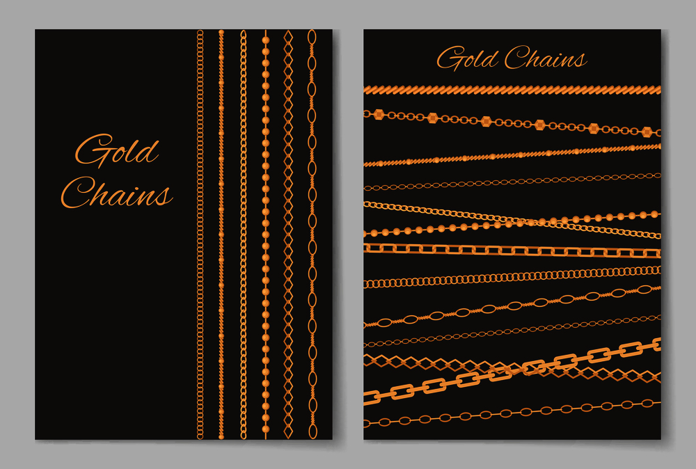 Gold chains, collection of covers, posters made up of jewel items and headlines in decorative fonts, vector illustration isolated on grey background. Gold Chains Collection Cover Vector Illustration