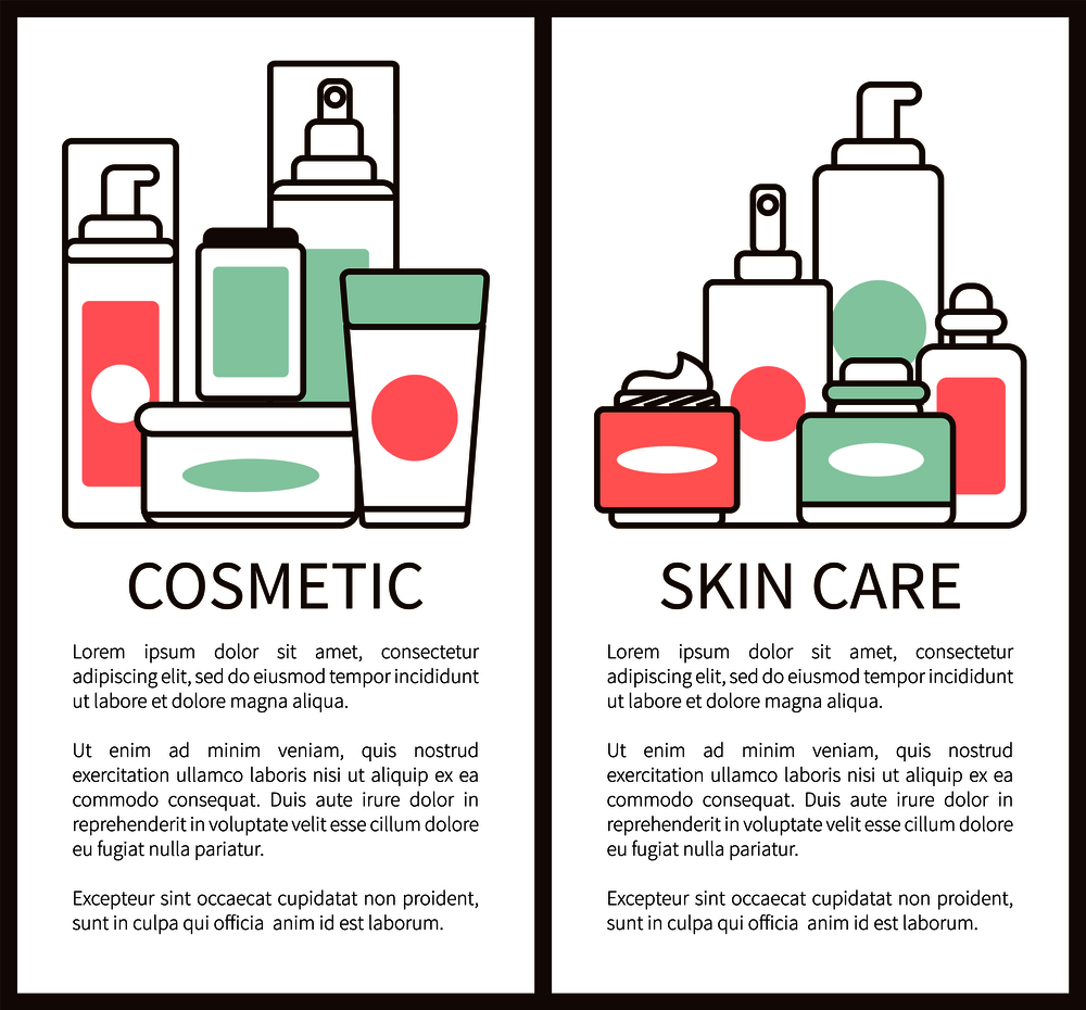 Cosmetic and skin care, posters collection with tubes and containers with liquids and essences, text sample and titles isolated on vector illustration. Cosmetic and Skin Care Poster Vector Illustration