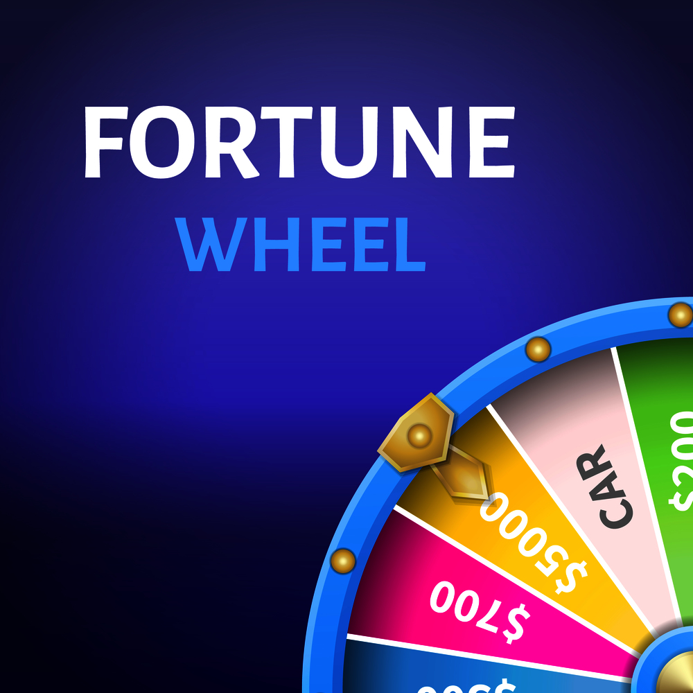 Fortune wheel poster with earnings in 5000 dollars, money prize in casino vector illustration isolated on blue background. Gambling game concept. Fortune Wheel Poster with Earnings in 5000 Dollars