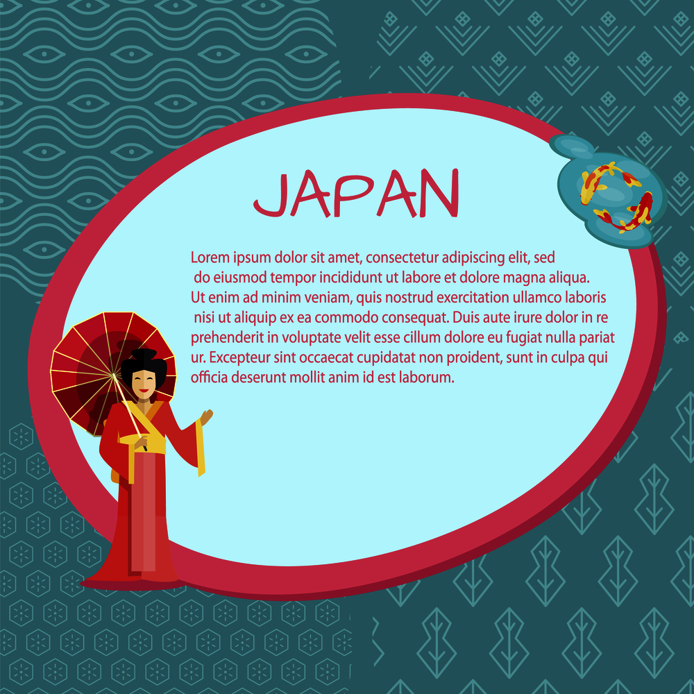 Japan promotional informative poster template with geisha in red robe with umbrella vector illustration and sample text on background with pattern.. Japan Promotional Informative Poster Template