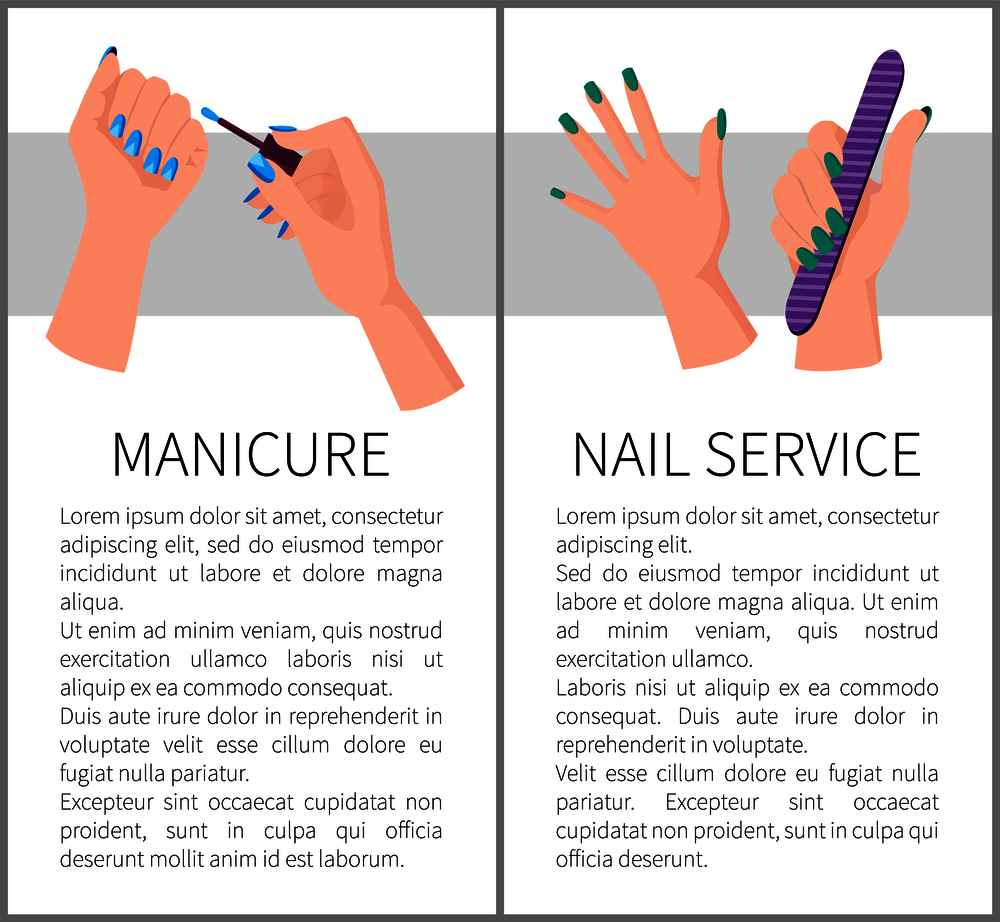 Two manicure and nail services colorful banners, vector illustration with four women s hands with cute nail varnish, white backdrop, working tools. Two Manicure and Nail Services Colorful Banners
