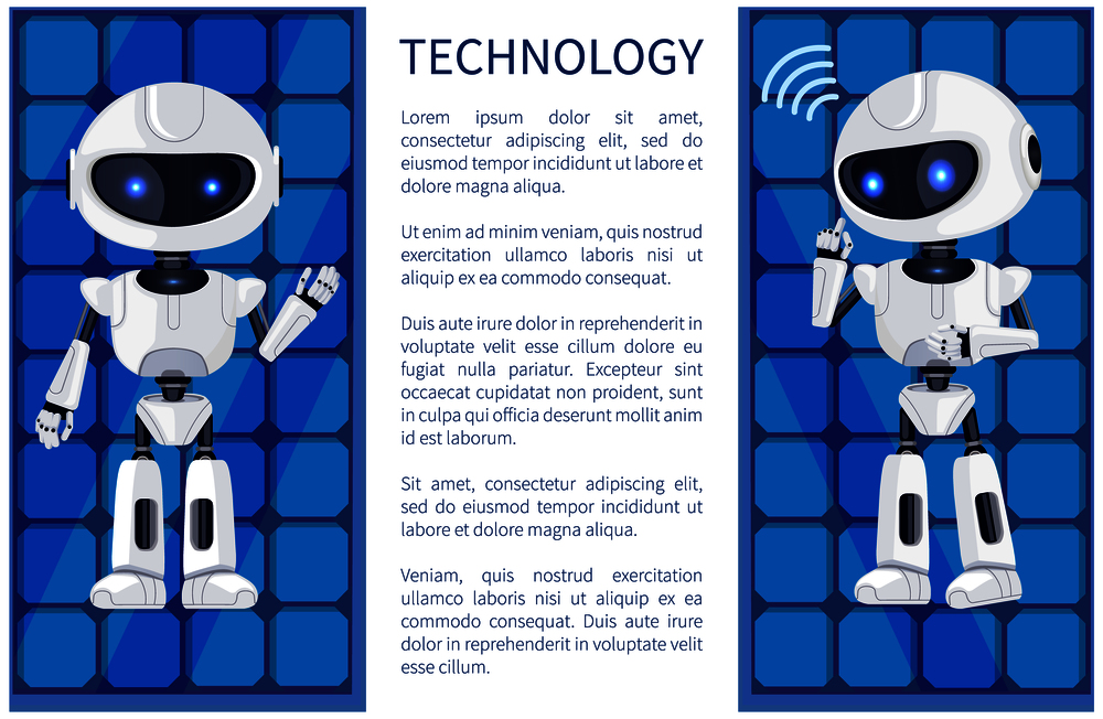 Technology and robot poster with headline and given information in frame, robotic creatures with blue eyes, vector illustration isolated on blue. Technology and Robot Poster Vector Illustration