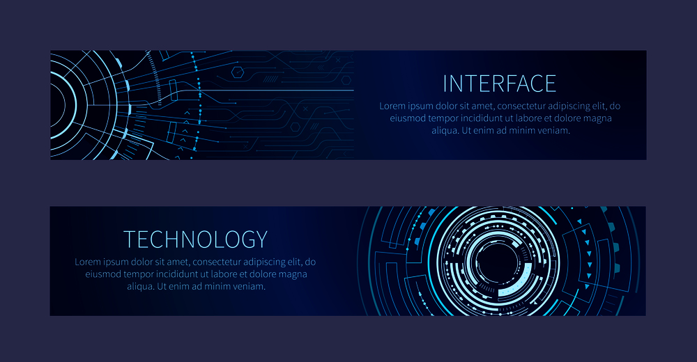 Interfase and technology card vector illustration with white text, geometric figures, bright lines, squares line and pointers isolated on dark blue. Interfase and Technology Card Vector Illustration