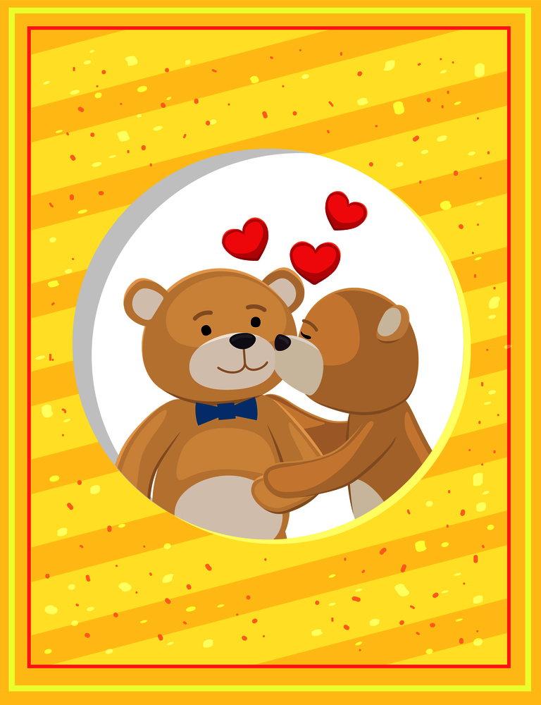 Teddy bears couple, female kisses male in cheek, hearts above them, vector illustration of merry lovers animals isolated. Teddy Bears Couple, Female Kisses Male in Cheek