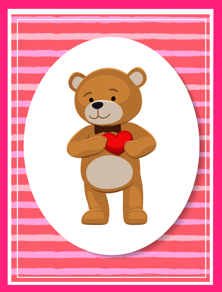 Teddy gently holds his heart on chest, lovely bear animal with red balloon or pillow, vector illustration greeting card in oval frame, Valentines day. Teddy Gently Holds his Heart on Chest, Lovely Bear