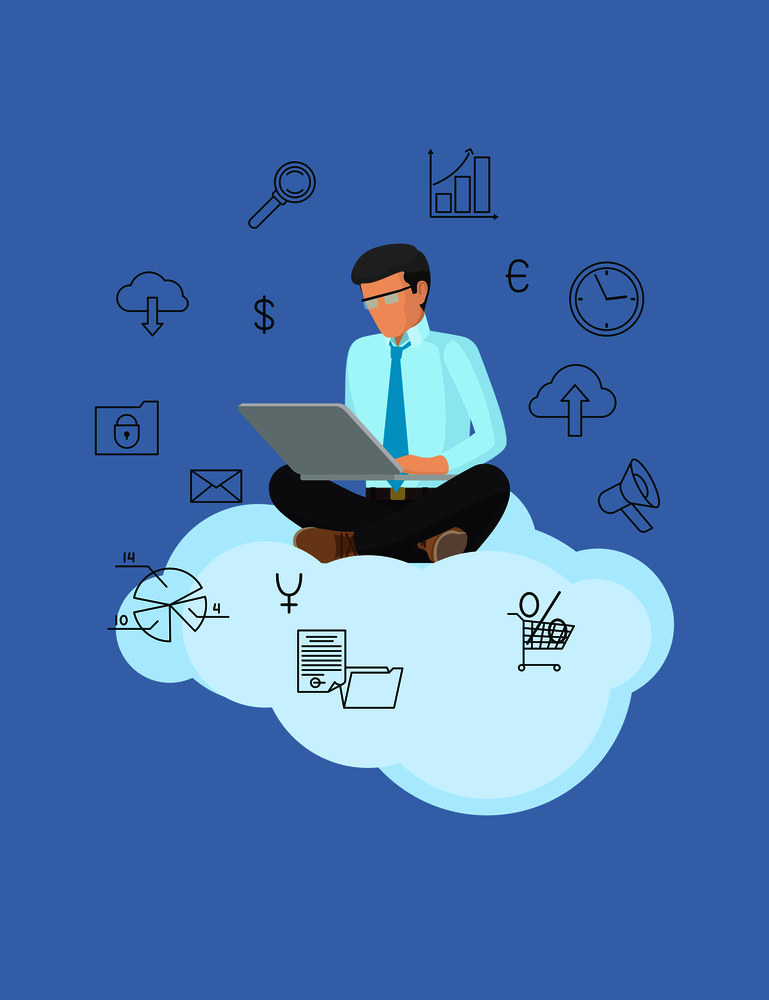 Technology poster and busy man vector illustration of employee on white cloud with grey laptop, set of business stuff isolated on blue background. Technology Poster and Busy Man Vector Illustration