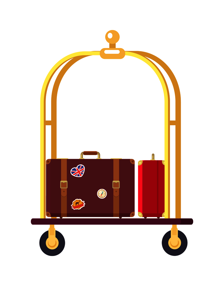 Two bags on cute bogie vector illustration with red and brown suitcases with various stickers, golden carcass, pair of black wheels, isolated on white. Two Bags on Cute Bogie Vector Illustration