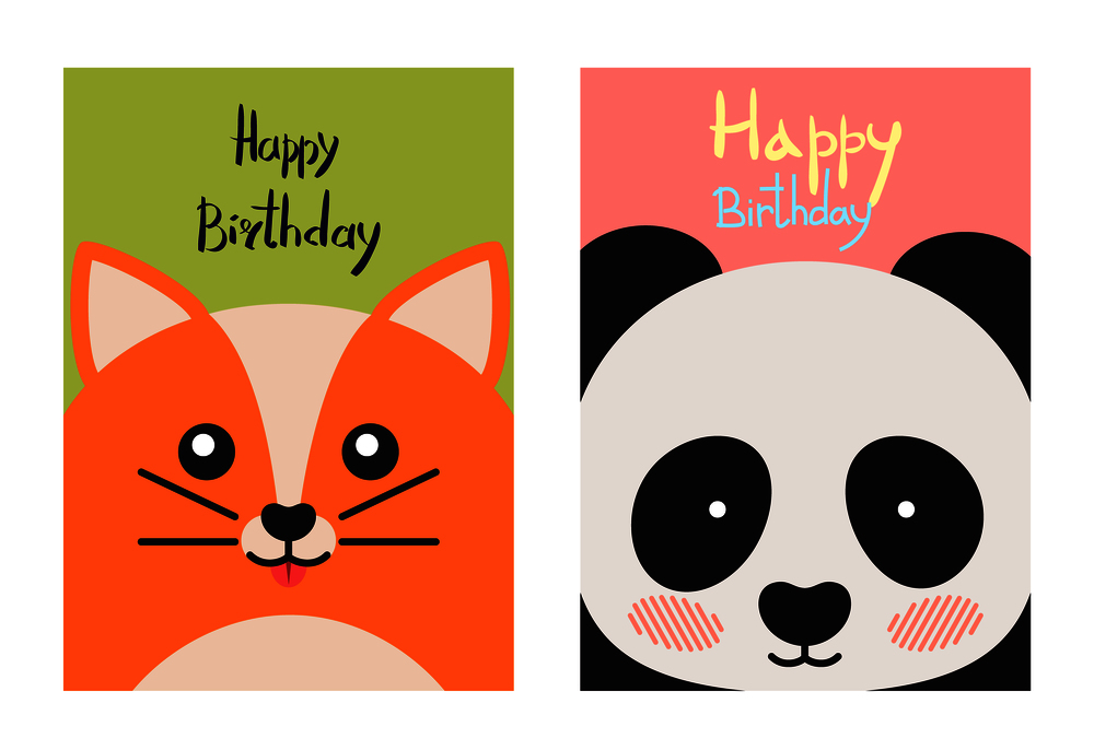 Happy Birthday, cards collection, with kitten and whiskers, and panda with glowing cheeks, lettering above, vector illustration isolated on white. Happy Birthday Card Collection Vector Illustration
