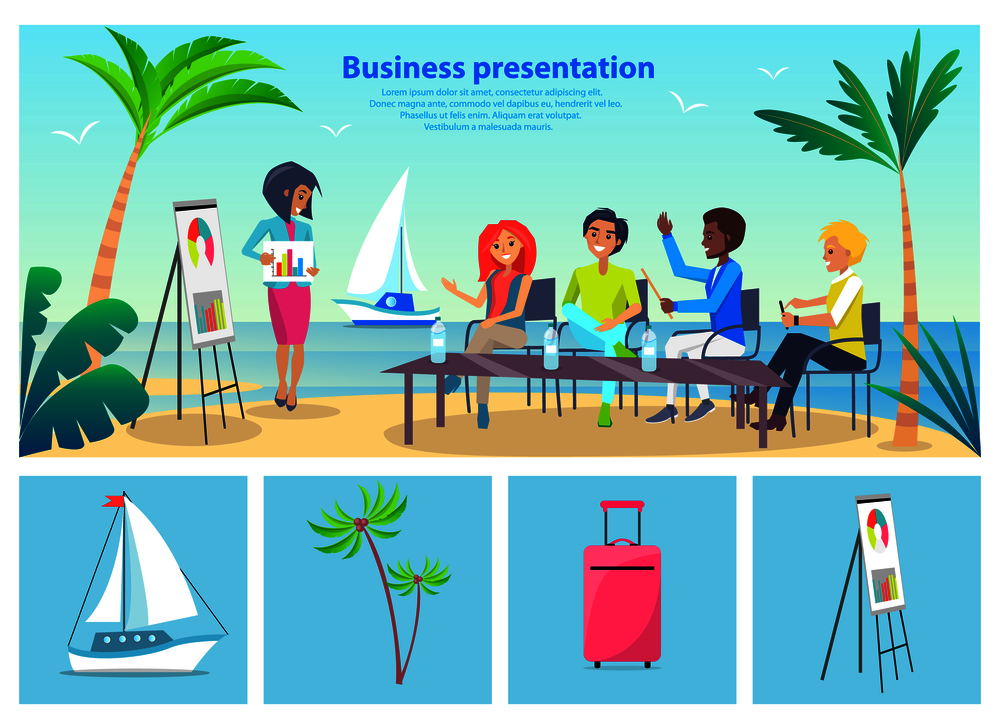 Business presentation by seaside, poster with woman and workers listening to her, sea and sailboat, palms and sand isolated on vector illustration. Business Presentation Seaside Vector Illustration