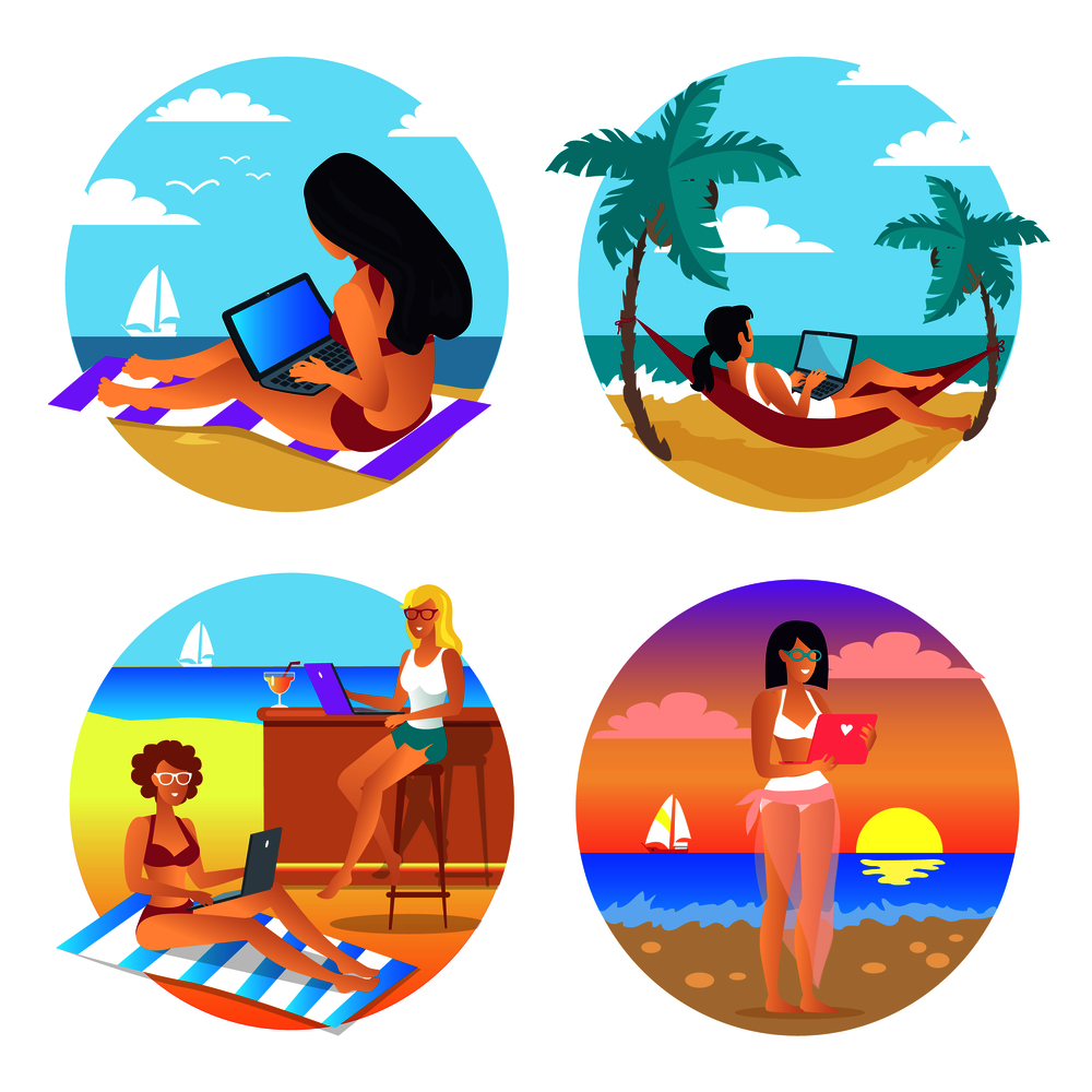 Business summer, women set, businesslady sitting with laptop in hammock at sunset, girl wearing swimming suit, cockrails and bar vector illustration. Business Summer Women Set Vector Illustration