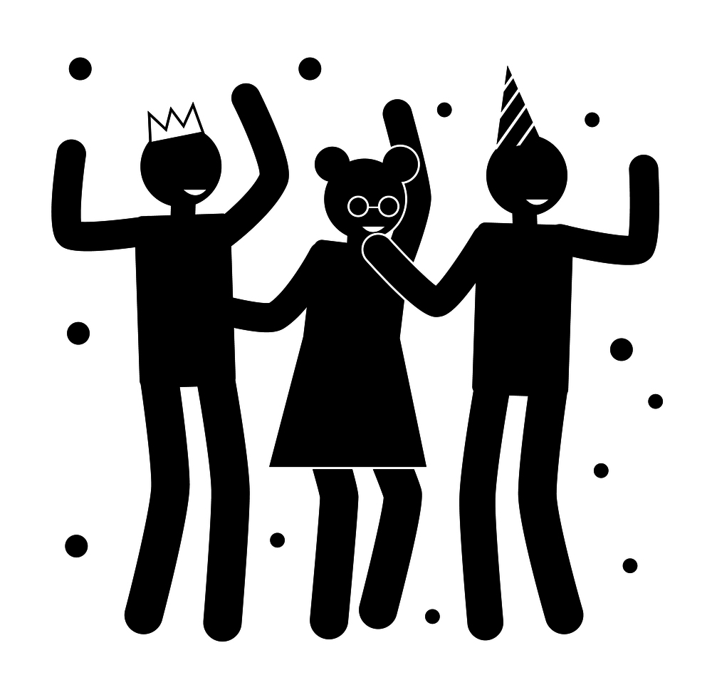 Birthday party poster with people black silhouettes who dance in crown and festive hat isolated cartoon vector illustrations on white background.. Birthday Party Posters with People Silhouettes