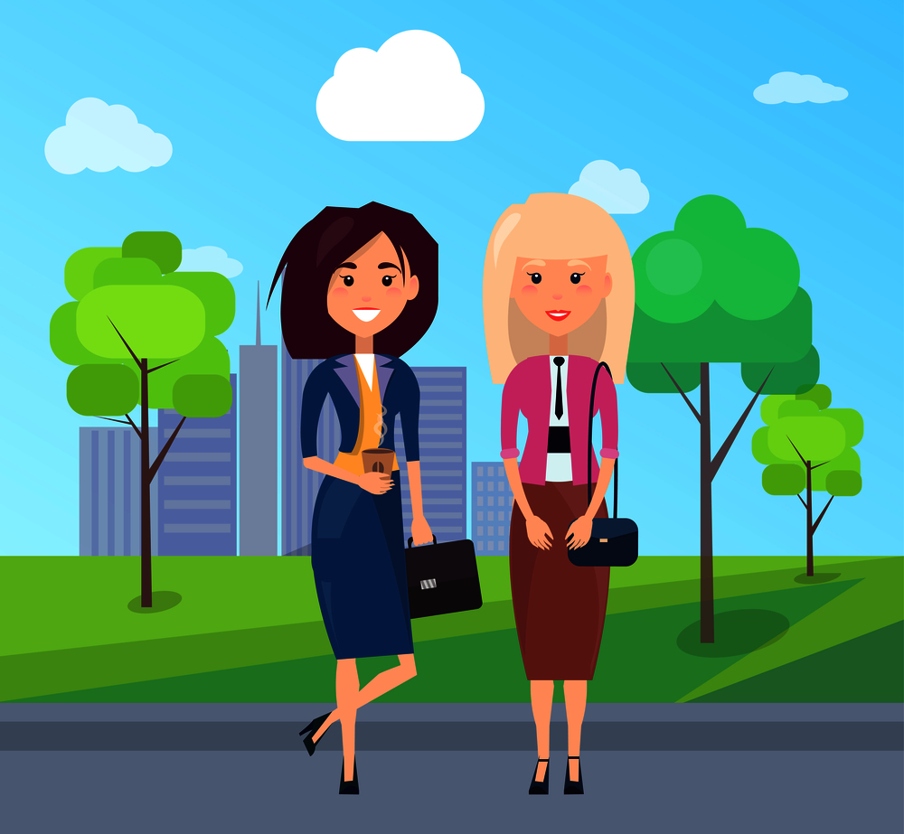 Colorful picture with two cute business women vector illustration with beauty city landscape, blue suit, pink jacket, black handbags, lot of trees. Colorful Picture with Two Cute Business Women
