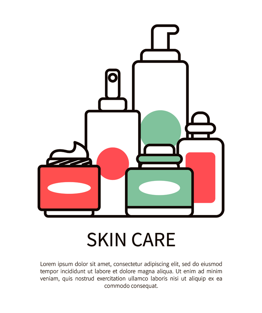Skin care poster with given text sample and title, hand drawn elements of tubes and containers, sprays and essences, isolated on vector illustration. Skin Care Poster with Text Vector Illustration