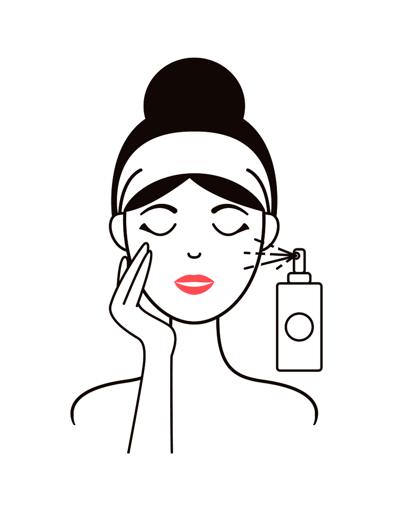 Girl in headband applies healthy fresh micellar water from small spray bottle isolated cartoon flat outline vector illustration on white background.. Girl in Headband Aplies Micellar Water from Spray