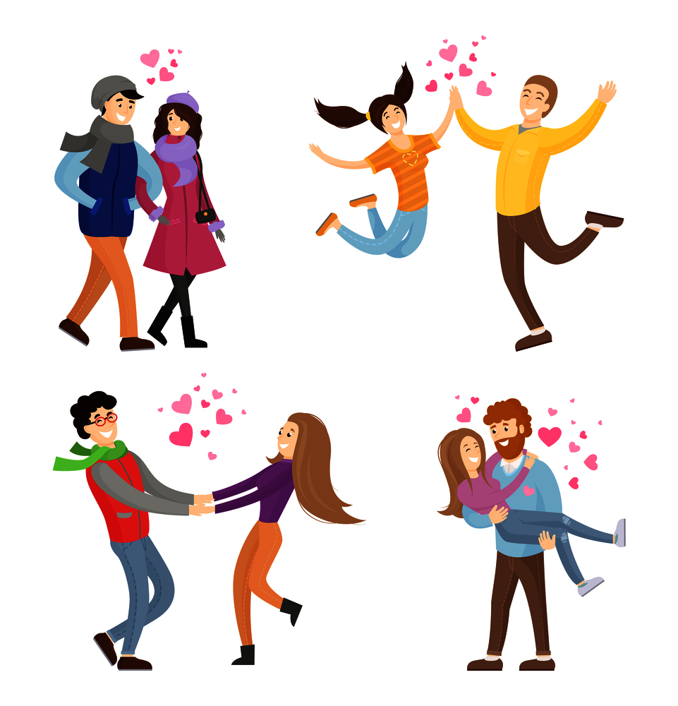 Togetherness concept set of young man and woman spending time at Valentines Day together vector illustration isolated on white background, merry lovers. Togetherness Concept Set of Young Man and Woman