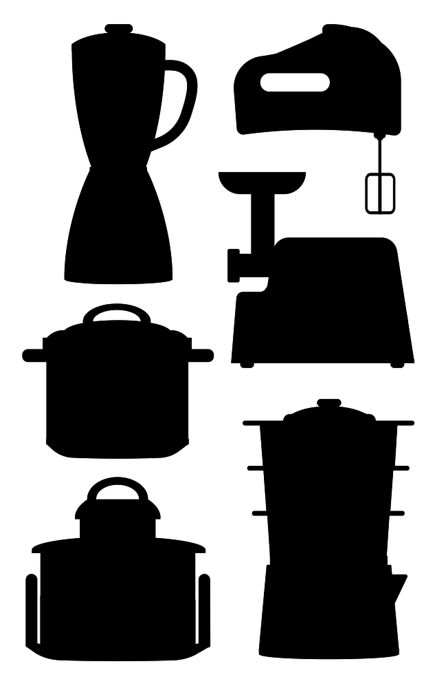 Set of black silhouettes of kitchen instruments, vector illustration of mixer, various multicookers, food processor, isolated on white background. Set of Black Silhouettes of Kitchen Instruments