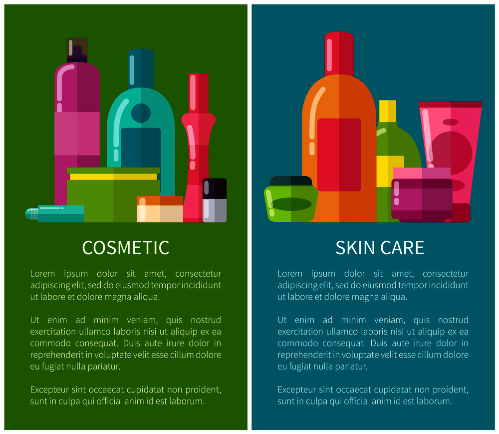 Cosmetic and skin care banners vector illustration isolated on green and blue backgrounds white text sample various colorful vials, lot of reflections. Cosmetic and Skin Care Banners Vector Illustration