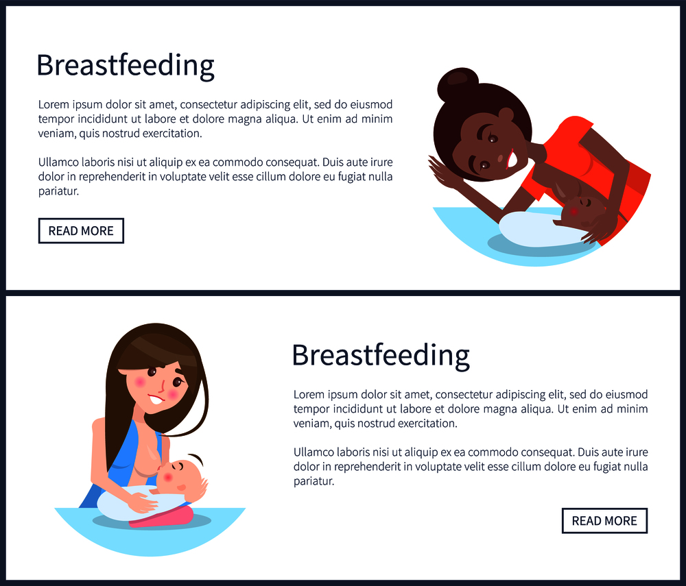 Healthy breastfeeding informative banners set with women who feed their little newborn babies web pages with push-buttons vector and sample texts.. Healthy Breastfeeding Informative Banners Set