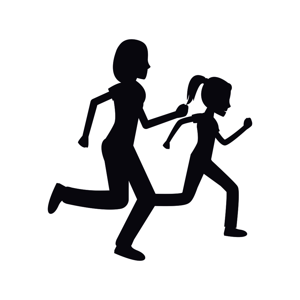 Mother and daughter jogging together vector illustration black silhouettes. Mom and girl in sport apparel running, active healthy lifestyle concept. Mother and Daughter Run Jogging Together Vector