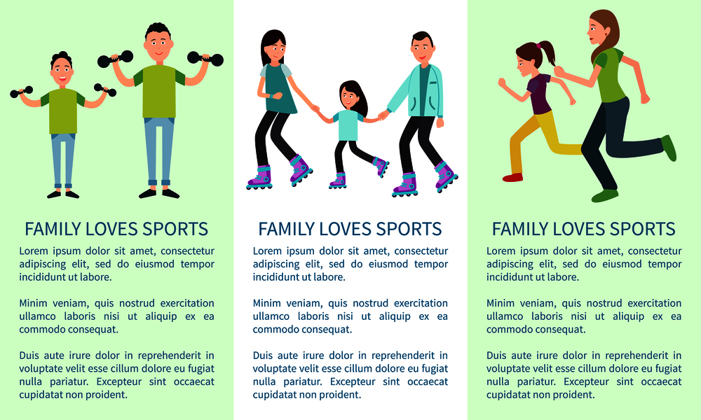 Family loves to learn and sports bright banners with active parents and their kids, sport exercises, roller skating, text sample, vector illustration. Family Loves to Learn and Sports Bright Banners