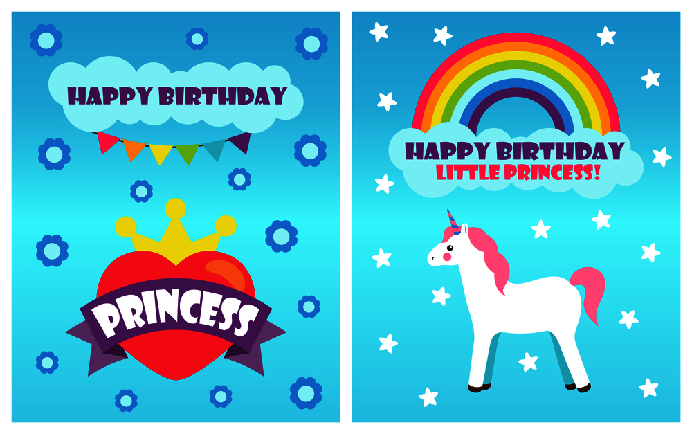 Happy Birthday, little princess, poster with headline and flower pattern, unicorn and rainbow, heart and crown, isolated on vector illustration. Happy Birthday Princess Poster Vector Illustration