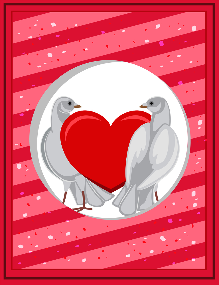 Domestic tender white pigeons in love and big red heart on festive Valentines day poscard template with pink striped background vector illustration.. White Pigeons and Red Heart on Poscard Template