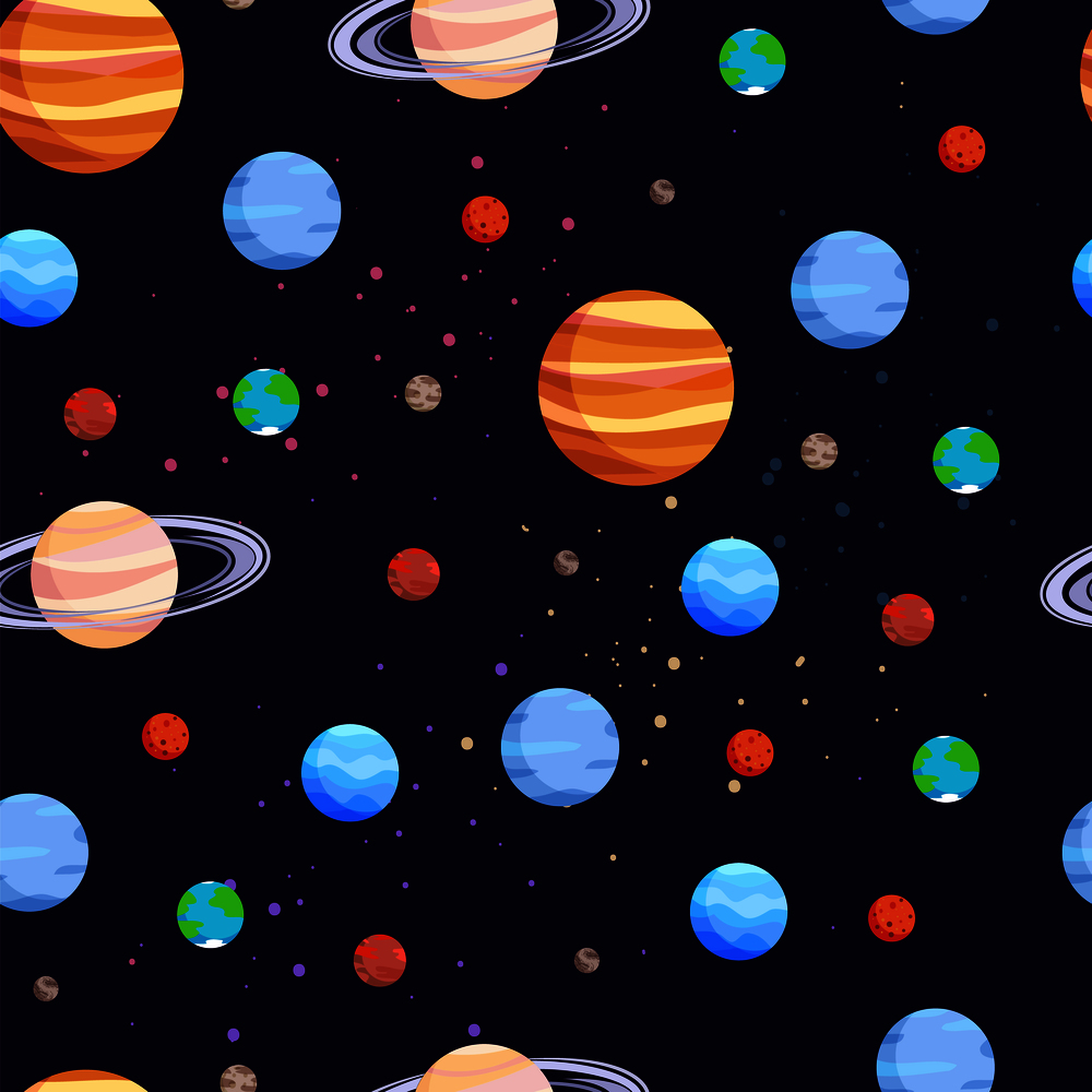 Space and planets seamless pattern, poster with collection of celestial objects, Jupiter and Mars, Venus and Pluto, isolated on vector illustration. Space and Planets Pattern Vector Illustration