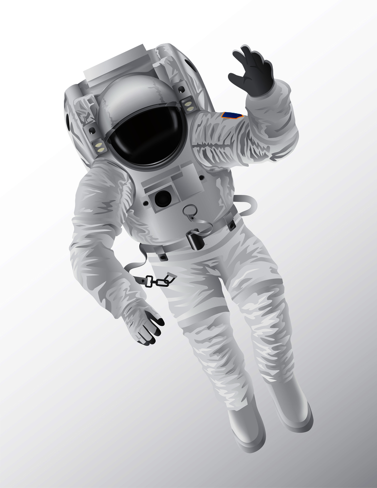 Professional spaceman in modern pressure suit with oxygen balon on back and tinted helmet isolated cartoon vector illustration on white background.. Professional Spaceman in Modern Pressure Suit