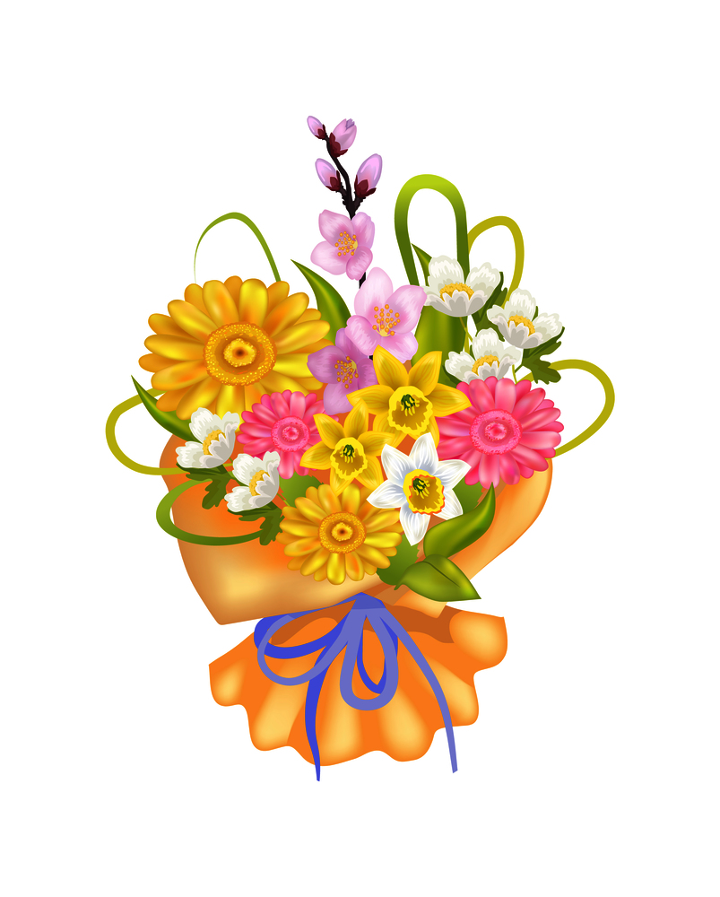 Attractive bouquet with varied flowers color card, vector illustration isolated on white backdrop, bright lilac ribbon, cute chrysanthemum and jasmine. Attractive Bouquet with Varied Flowers, Color Card
