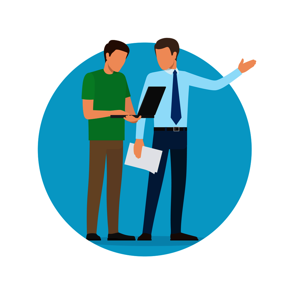 Businessmen discussing working problems and issues, poster with man wearing suit holding papers and person with laptop isolated on vector illustration. Businessmen Discussing Issues Vector Illustration