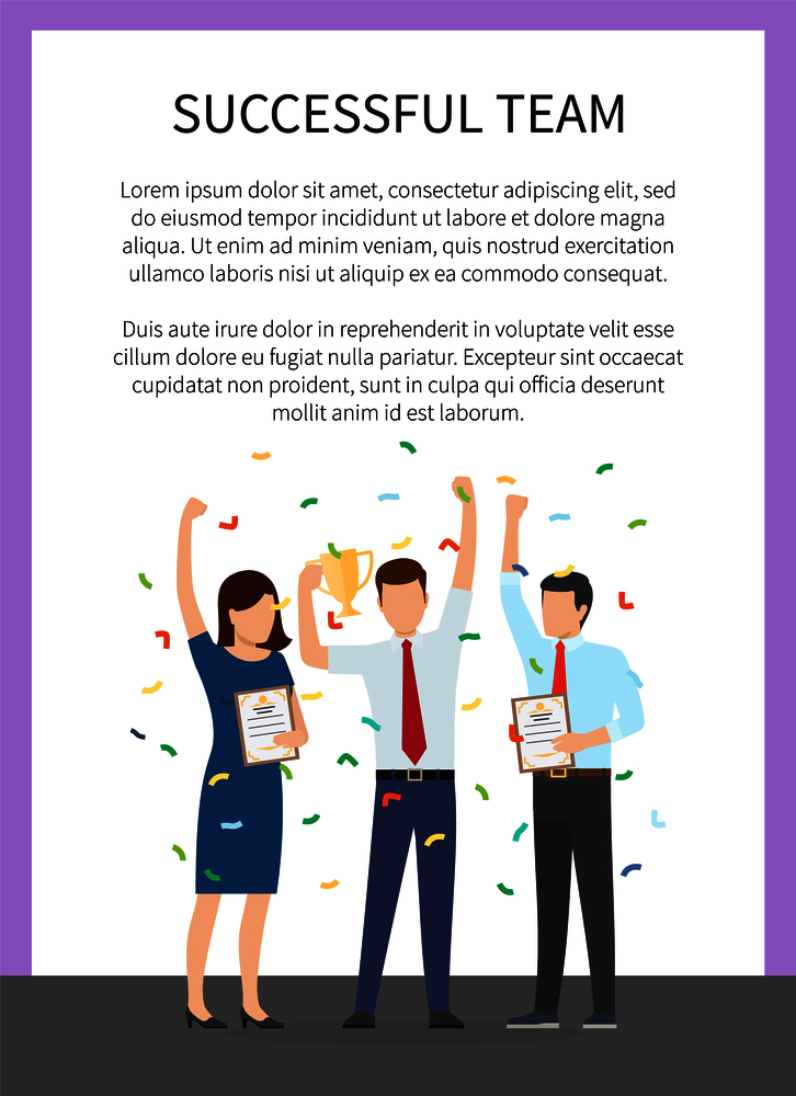 Successful team start up card vector illustration with three happy workers holding certificates and bright cup, colorful frames and confetti and text. Successful Team Start Up Card Vector Illustration