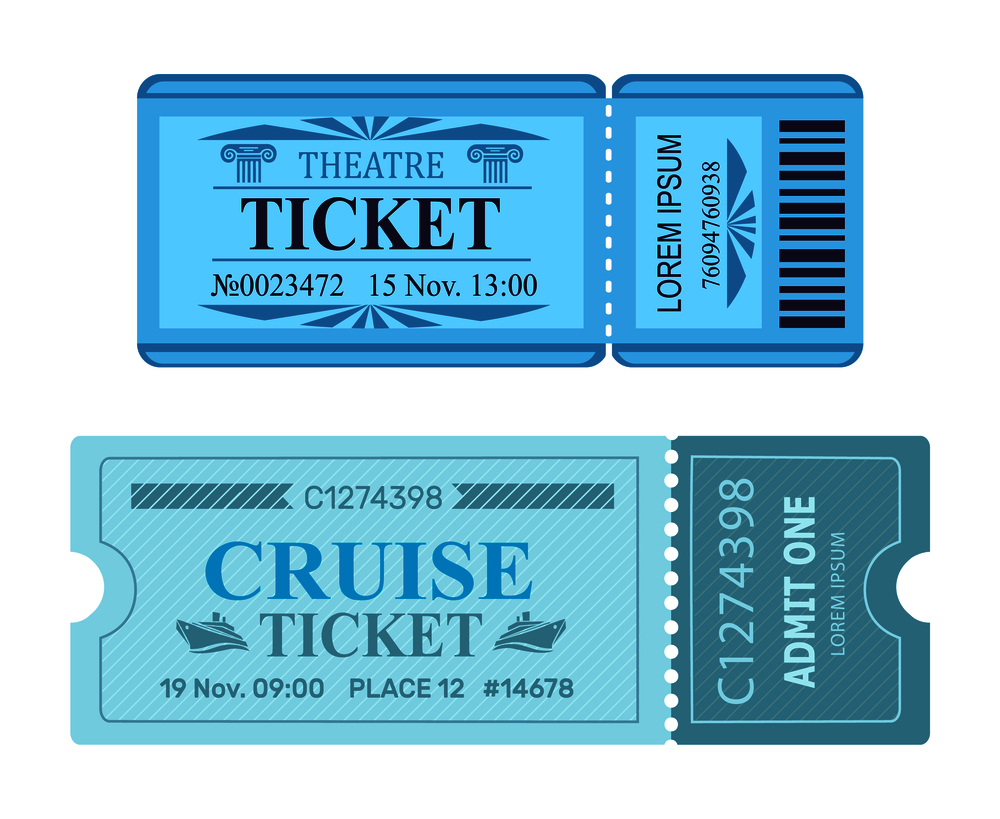 Theatre ticket cruise coupon set of vector illustrations pass admissions to entertainment and travelling event with control check code in blue colors. Theatre Ticket Cruise Coupon Vector Illustrations