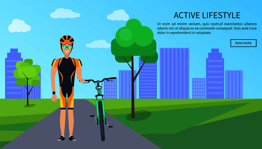 Active lifestyle bicyclist, web page with text sample and button saying read more, man in helmet with bike, cityscape and trees vector illustration. Active Lifestyle Bicyclist Web Vector Illustration