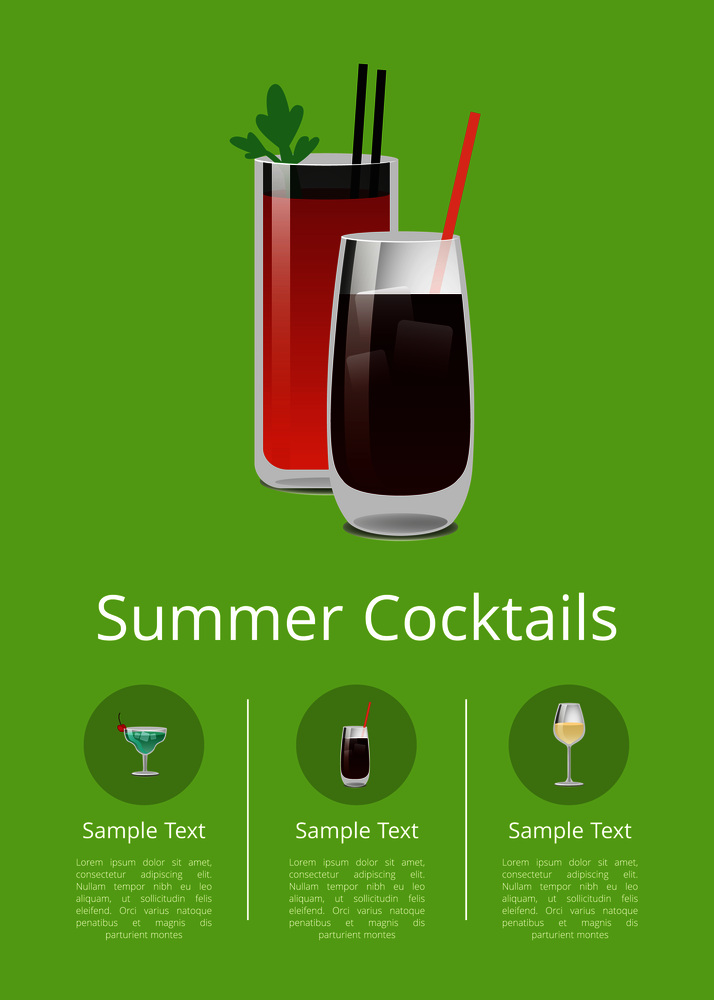 Summer cocktails colorful vector illustration isolated on green background two beverages in glasses with ice pieces and mint, pretty icons text sample. Summer Cocktails Colorful Vector Illustration